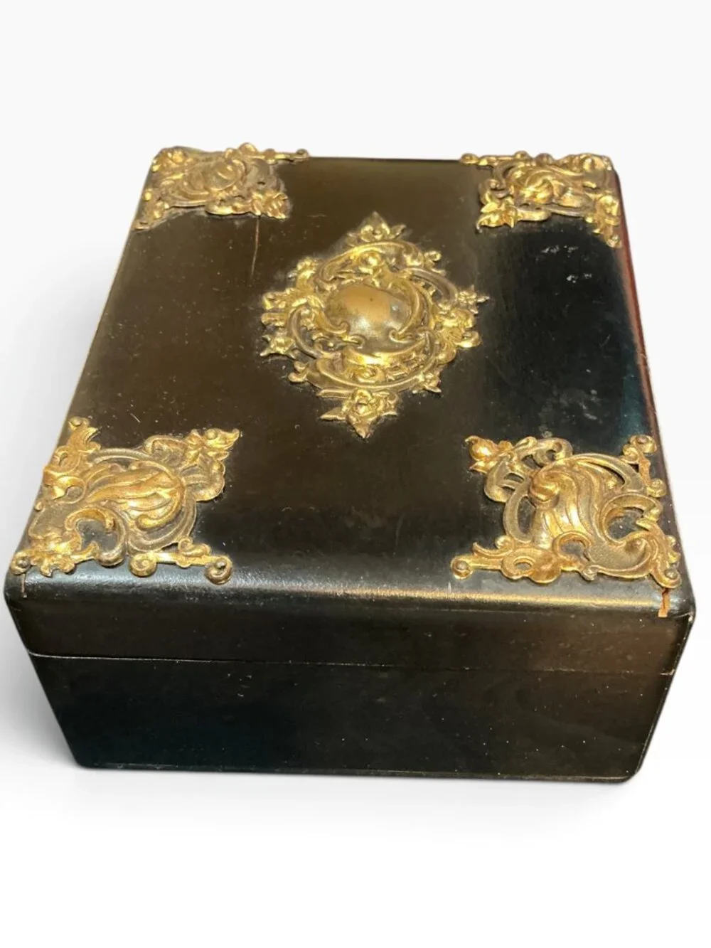 Antique C1900 Jewelry Casket Box Black Wood Brass Ormolu Red Satin Interior